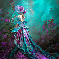 Person in a colorful, elaborate dress standing amidst flowers with a teal background Lacey fantasy decoupage paper