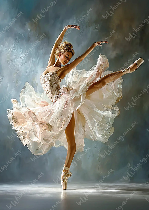 Ballerina in a white dress performing a ballet pose en pointe against a gray background. Lina Mulberry Decoupage Paper