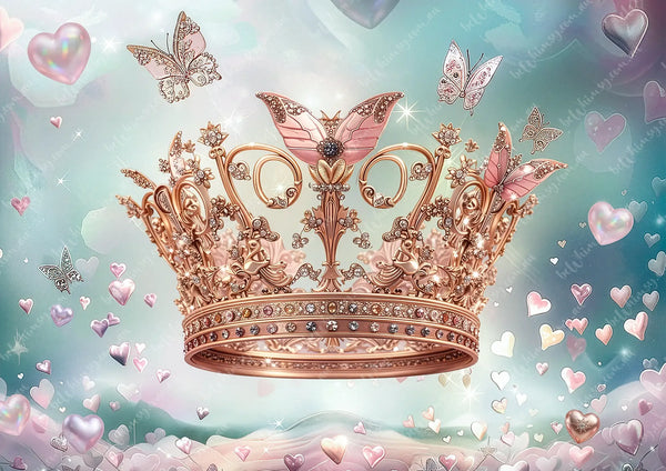 Rose gold crown with butterflies and hearts on a soft blue background. Little Princess Mulberry Decoupage Paper
