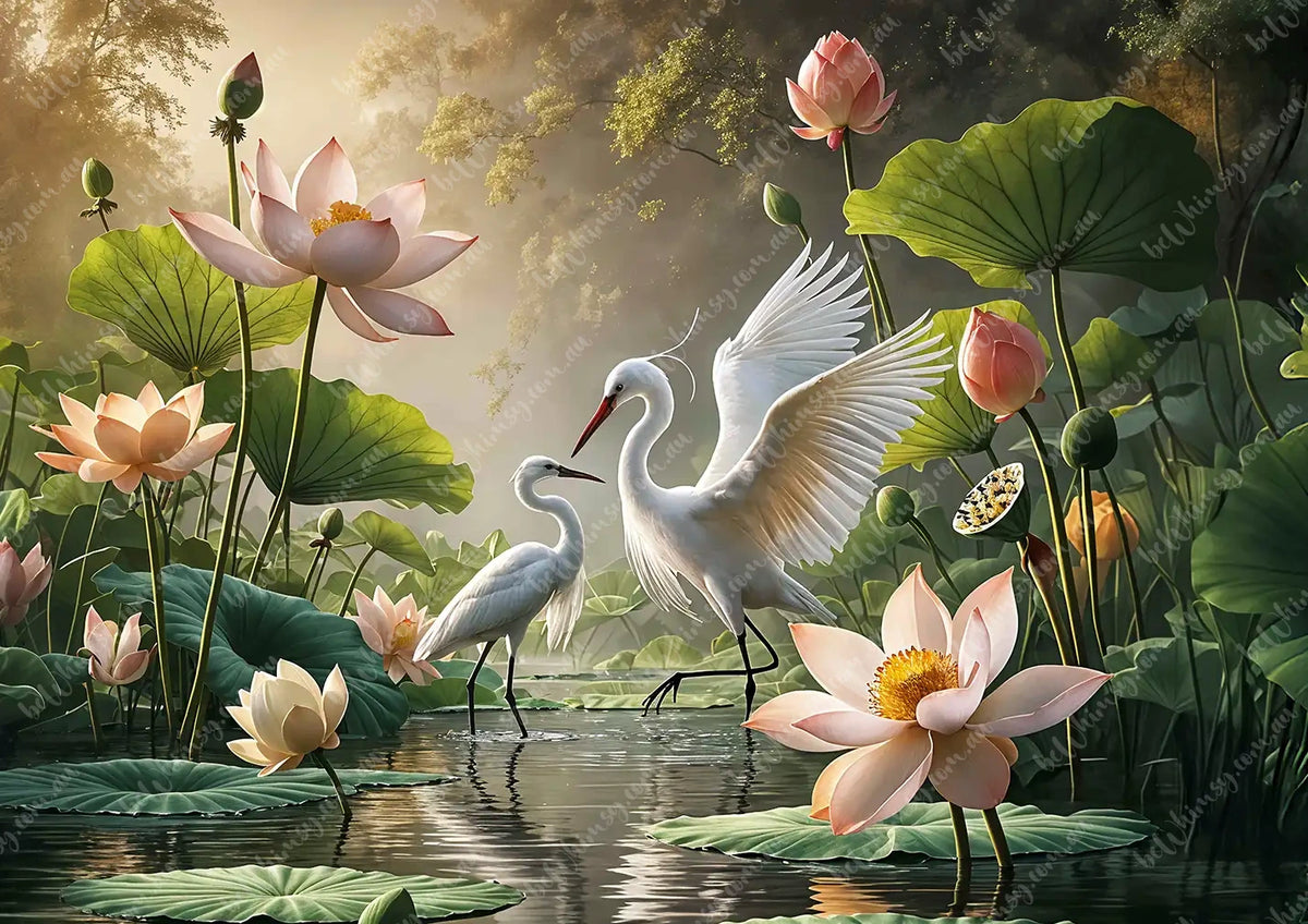 Two white egrets among pink lotus flowers in a pond with a misty background. Lotus Serenade Mulberry Decoupage Paper