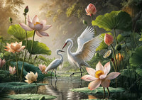 Two white egrets among pink lotus flowers in a pond with a misty background. Lotus Serenade Mulberry Decoupage Paper