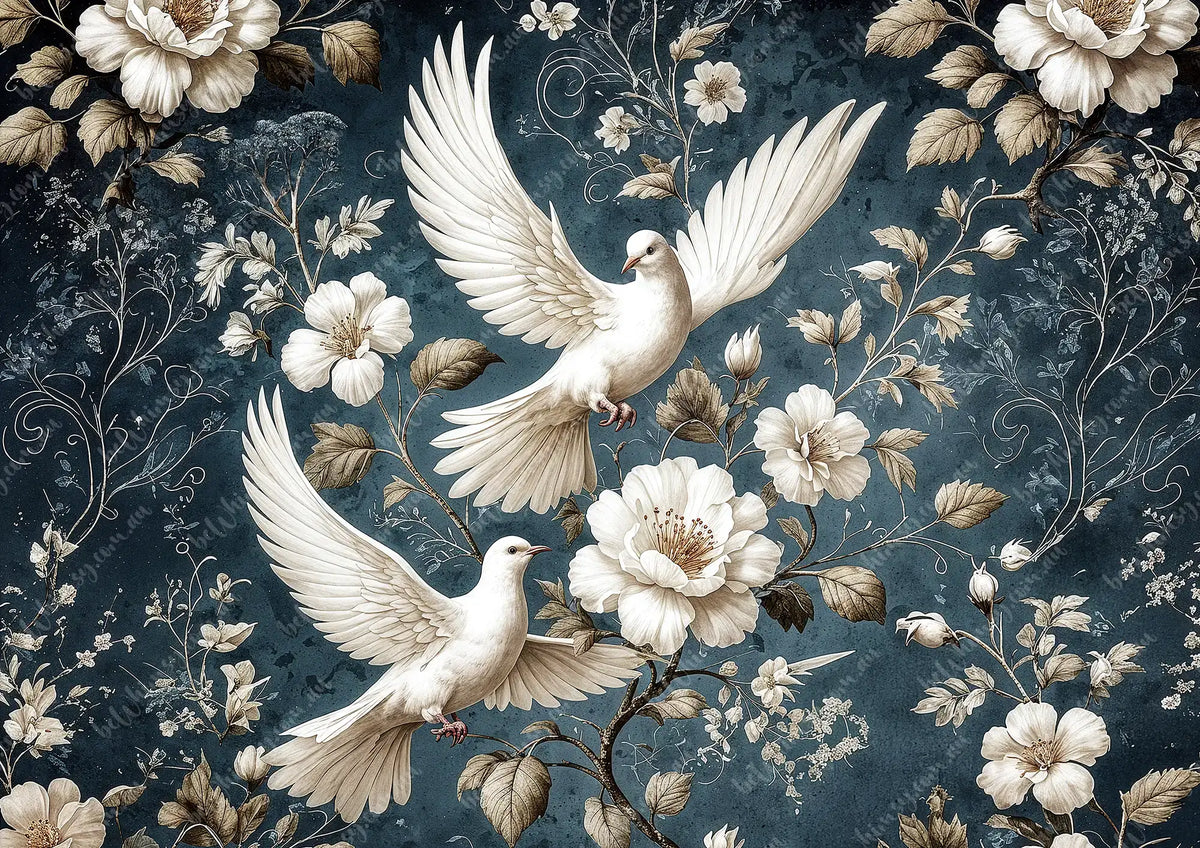 Decorative design with white doves and flowers on a dark blue Love Birds Mulberry Decoupage Paper background