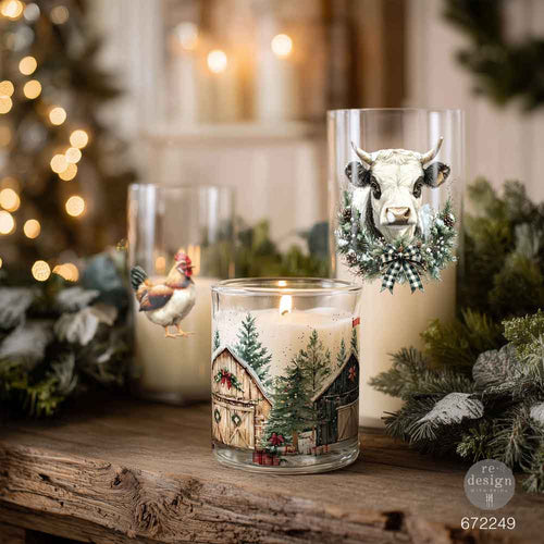 Decorative candles with animal-themed designs. Decorative border with Christmas elements including trees, houses, and animals on a white background. Luxe Transfer Christmas on the Farm 2 sheets by Redesign with Prima