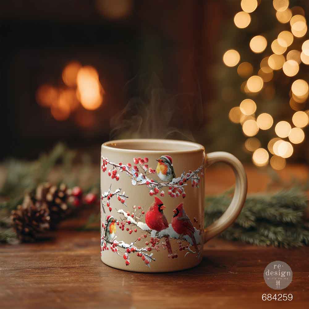 Mug with winter scene design featuring birds and berries. Decorative design of cardinals and berries.  Luxe Transfer Hollywing Cardinal. redesign with Prima Christmas