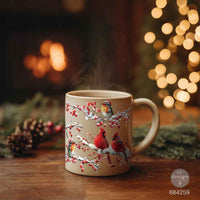 Mug with winter scene design featuring birds and berries. Decorative design of cardinals and berries.  Luxe Transfer Hollywing Cardinal. redesign with Prima Christmas