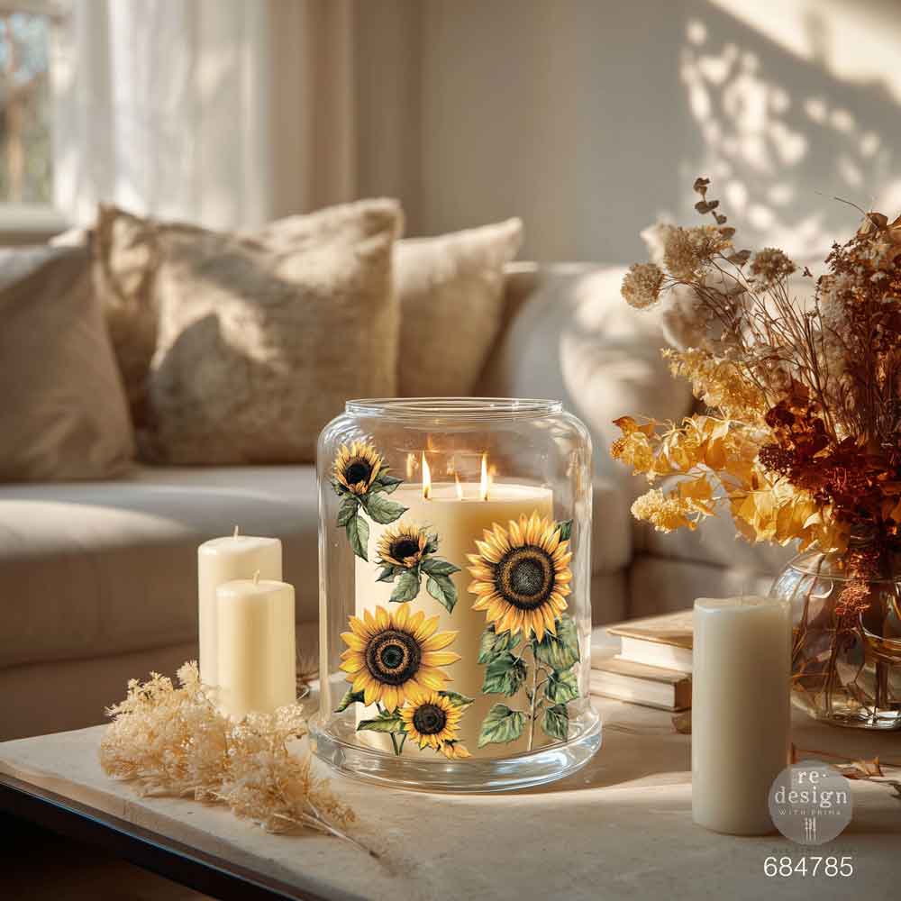 Decorative candle holder with sunflower design on a table in a living room. Luxe Transfer Sun-Drenched Harvest 2 sheets