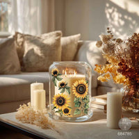 Decorative candle holder with sunflower design on a table in a living room. Luxe Transfer Sun-Drenched Harvest 2 sheets