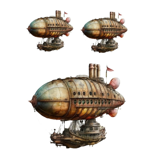 Three views of a steampunk-style airship on a white background