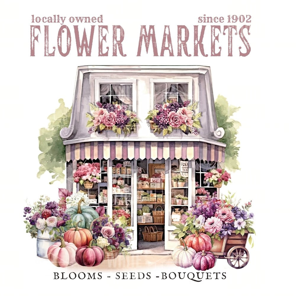 Illustration of a flower market shop with flowers and pumpkins, labeled 'Flower Markets'.