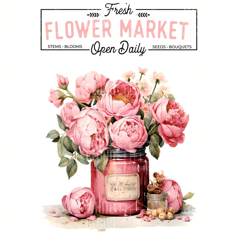 Floral arrangement in a jar with 'Fresh Flower Market' text on a white background