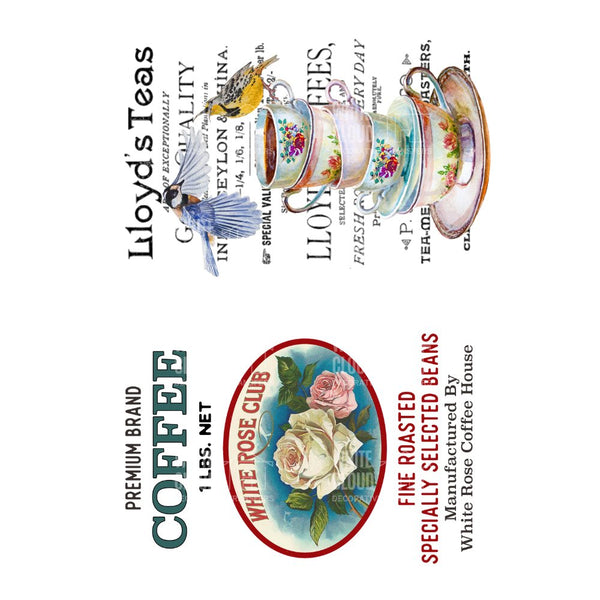 Vintage-style coffee label with teacups and floral design, featuring the brand 'Lloyd's Teas'.