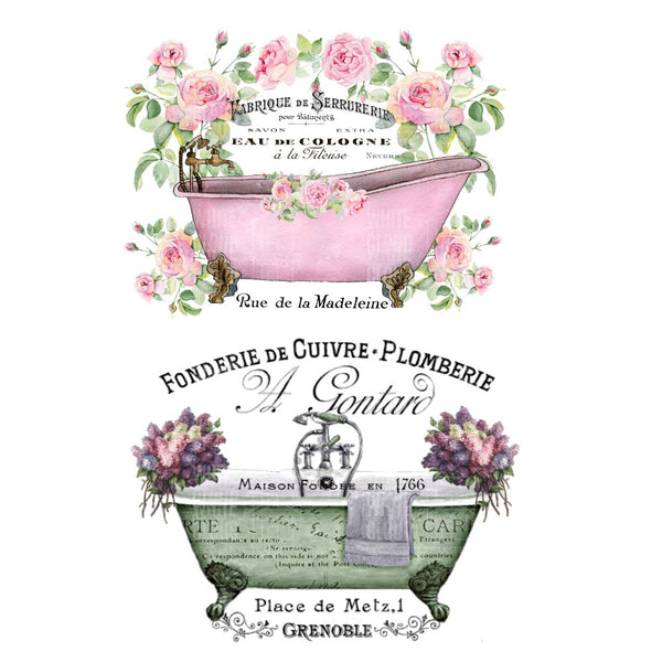 Decorative illustration of a pink and green bathtub with floral elements and vintage text on a white background.