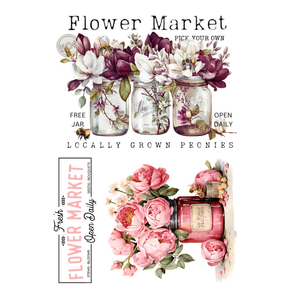 Flower market advertisement with mason jars and floral designs on a white background