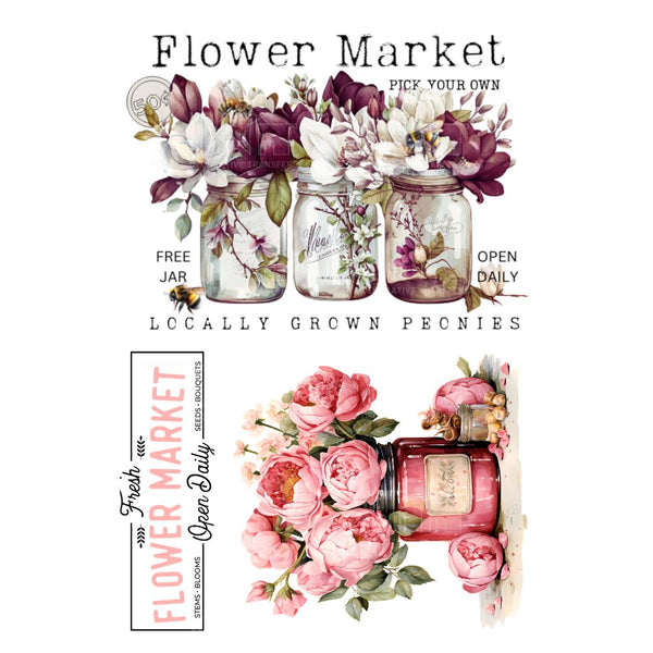 Flower market advertisement with mason jars and floral designs on a white background