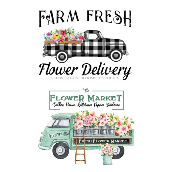 Illustration of a black and white truck with flowers and a green truck with flowers, labeled 'Farm Fresh Flower Delivery' and 'The Flower Market'.