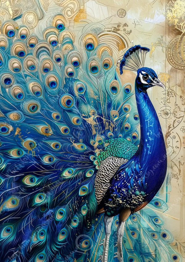 Detailed painting of a peacock with vibrant blue and green feathers on an ornate background. Majesty Mulberry Decoupage Paper