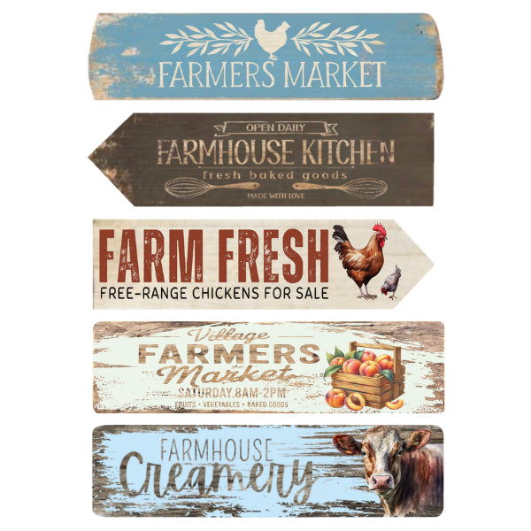 Set of five rustic wooden signs with farm-themed designs on a white background. Market Signs 2  White Cloud Transfer