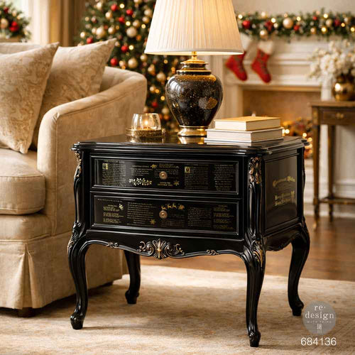 Decorative black side table with gold accents in a festive living room. Redesign with Prima Christmas GOLD transfer Middy Golden Tidings KACHA