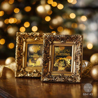 Two ornate gold frames with Christmas-themed pictures. Redesign with Prima Christmas GOLD transfer Middy Holiday Heirloom Foil KACHA 
