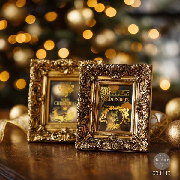 Two ornate gold frames with Christmas-themed pictures. Redesign with Prima Christmas GOLD transfer Middy Holiday Heirloom Foil KACHA 