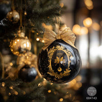 Decorative Christmas ornament with gold design on a tree with blurred lights in the background. Redesign with Prima Christmas GOLD transfer Middy Holiday Heirloom Foil KACHA