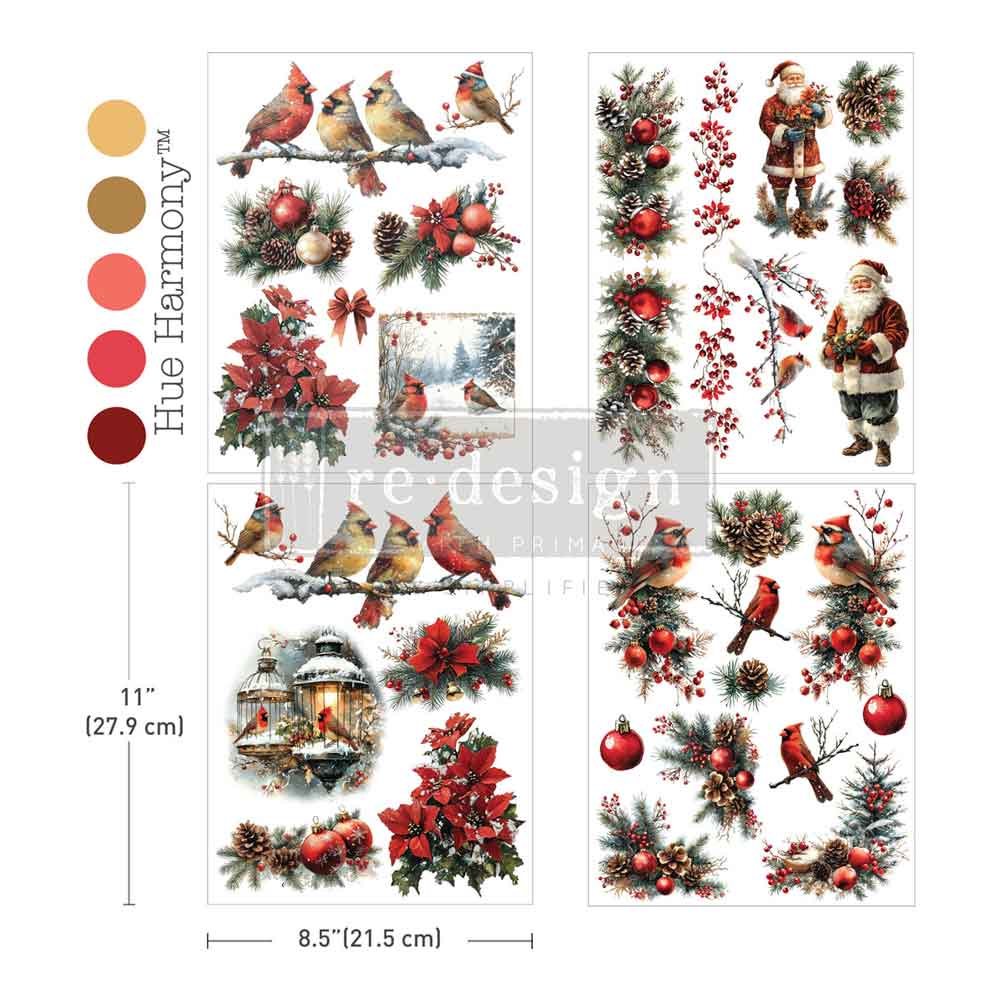 Sheet of Christmas-themed stickers with birds, Santa Claus, and winter elements on a white background. Shop middy rub-on transfers by ReDesign with Prima. 3 vintage style sheets, 8.5"x11", perfect for furniture upcycling & craft projects.