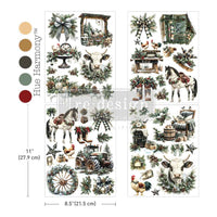 Collection of rustic-themed stickers with animals, wreaths, and decorative elements on a white background. Redesign with Prima transfer middy Rustic Noel Christmas