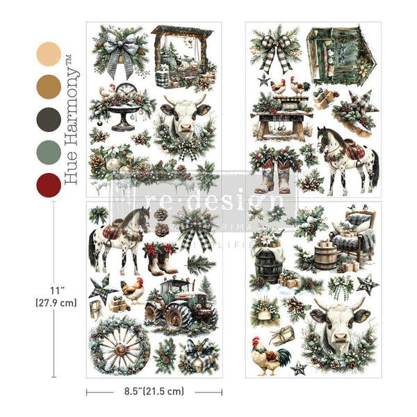 Collection of rustic-themed stickers with animals, wreaths, and decorative elements on a white background. Redesign with Prima transfer middy Rustic Noel Christmas