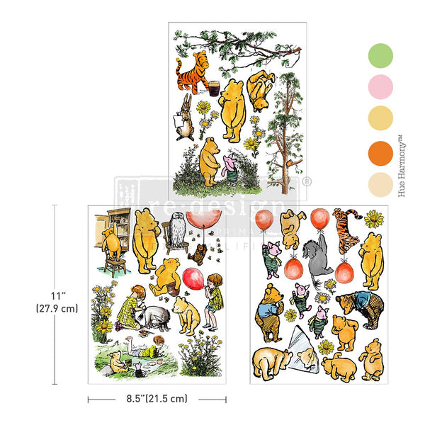 Sticker set with Winnie the Pooh and friends in a forest setting, including trees and balloons. Redesign with Prima transfer middy Mapleberry Glen pooh bear