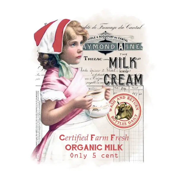 Vintage-style advertisement for milk and cream with a child holding a cup. Milk and Cream vintage White Cloud Transfer