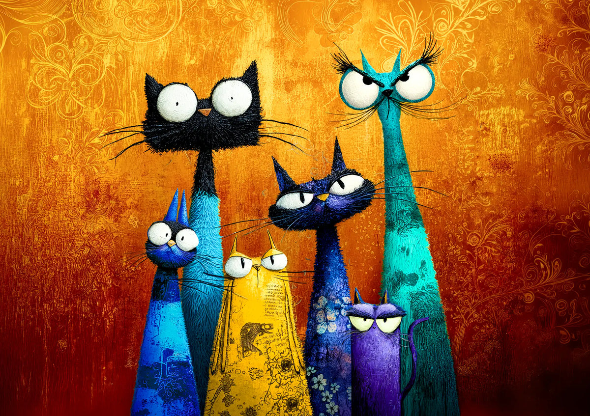 A stylized, textured art print featuring five whimsical, tall cartoon cats in various colors including black, blue, teal, yellow, and purple, set against a warm orange and red background with ornate gold patterns. Misfits Inc Cat Mulberry Decoupage Paper