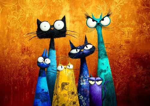 A stylized, textured art print featuring five whimsical, tall cartoon cats in various colors including black, blue, teal, yellow, and purple, set against a warm orange and red background with ornate gold patterns. Misfits Inc Cat Mulberry Decoupage Paper