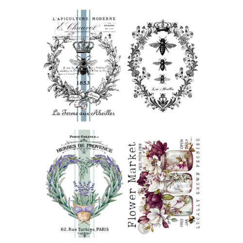 Collection of vintage-style floral and bee-themed design elements on a white background. Mixed Bess & Markets 4 White Cloud Transfer