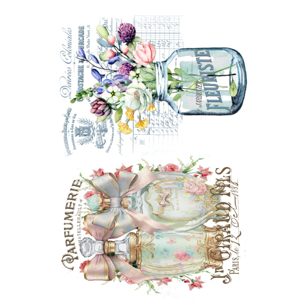 Decorative collage of perfume bottles with floral elements and text on a white background Mixed French Bottles 2 White Cloud Transfer