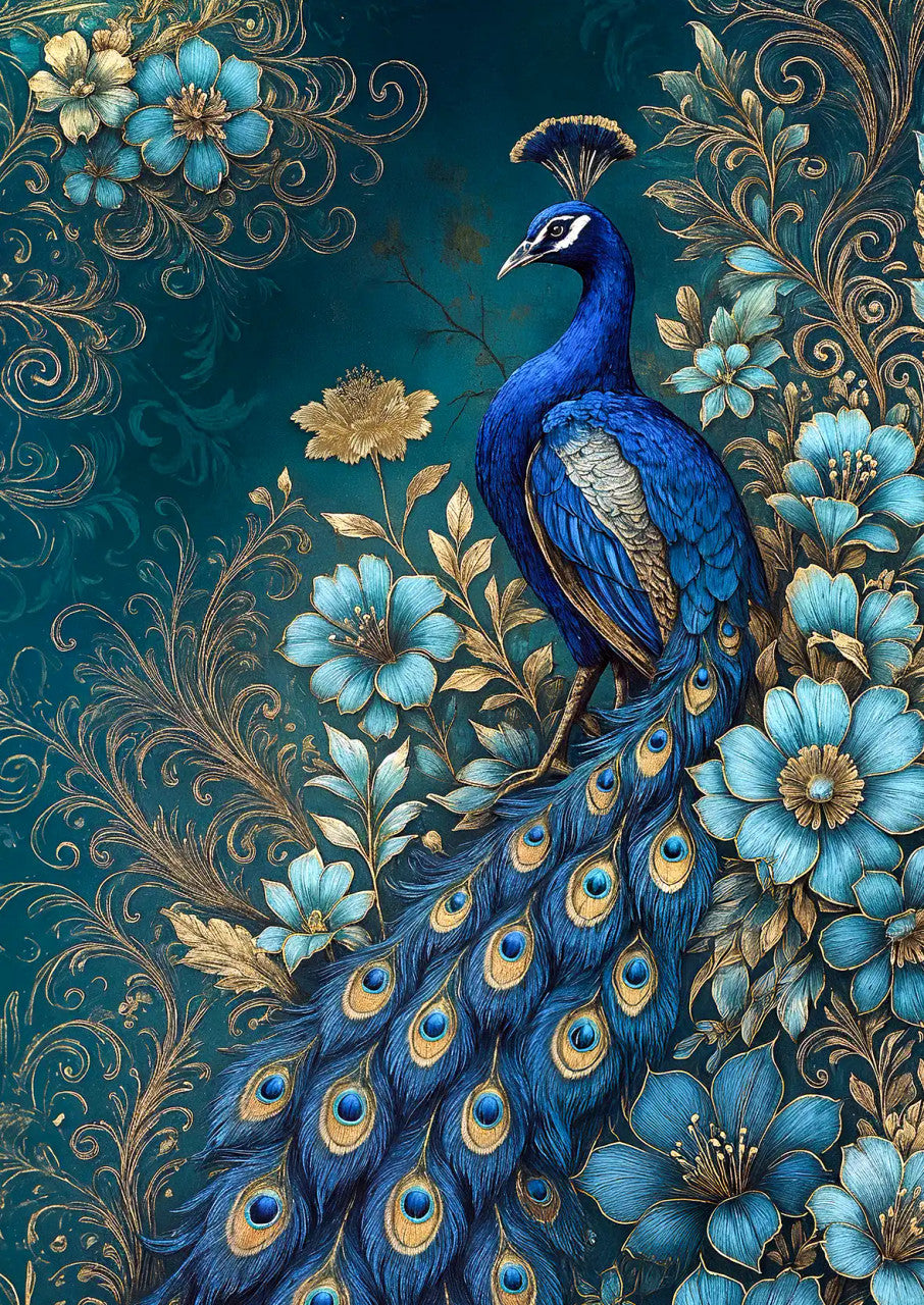 A decorative artwork featuring a blue peacock surrounded by ornate blue flowers and gold-toned swirling foliage on a deep teal background. Mr Handsome Peacock Mulberry Decoupage Paper