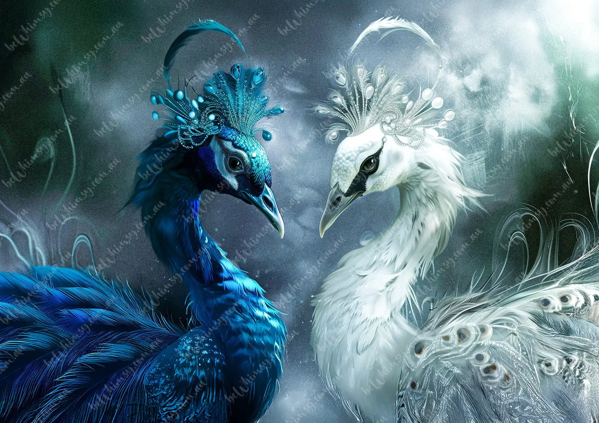 Blue and white peacocks facing each other against a dark, mystical background. Nocturne Royale  Mulberry Decoupage Paper