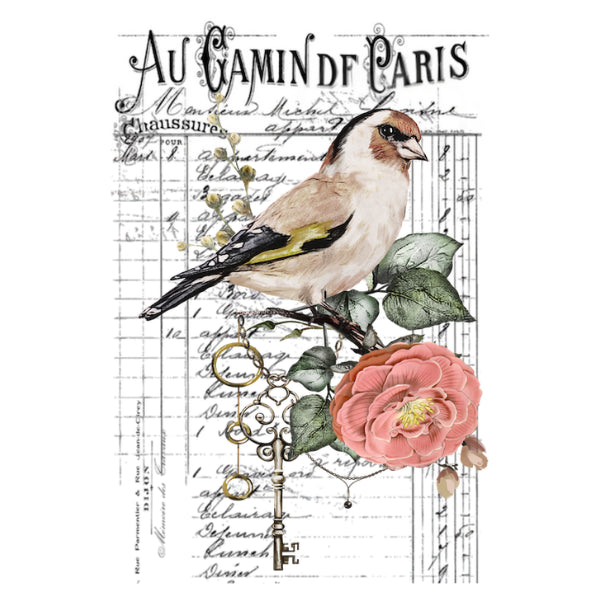 Decorative design with a bird, rose, and key on a white background with text. Oiseau et Cle White Cloud Transfer