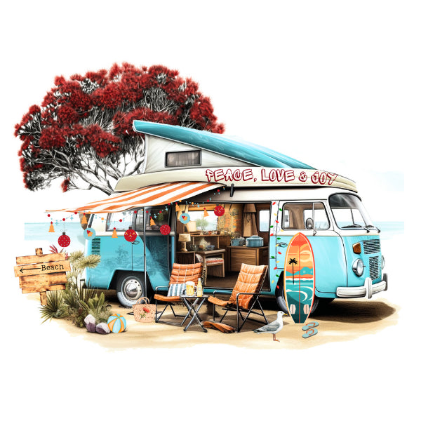 A stylized beach scene featuring a turquoise and cream VW bus with a pop-top roof, awning, surfboards, beach chairs, a seagull, and a red tree on a white background.