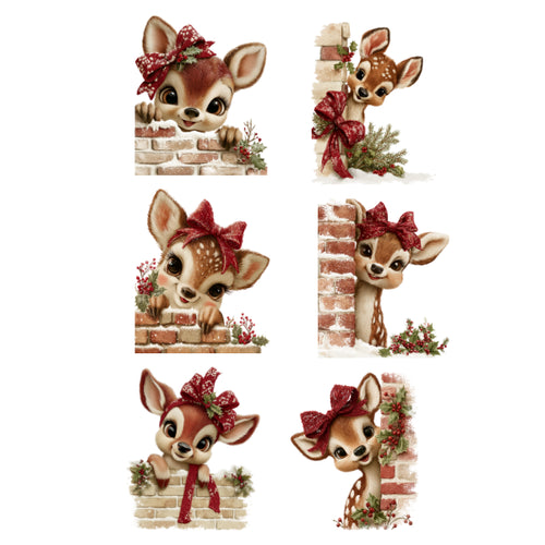 Six Christmas-themed fawn illustrations arranged in a 2x3 grid on a white background. Each fawn wears a red bow or scarf and is shown peeking from behind a brick wall with evergreen branches and red berries.