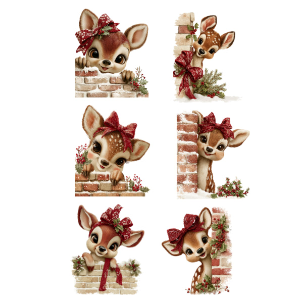 Six Christmas-themed fawn illustrations. Peeking Deer White Cloud Transfer