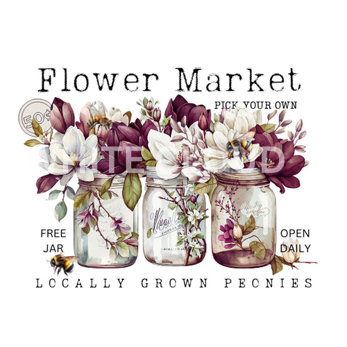 Floral design with jars and flowers on a white background, featuring text about a flower market. Peony Jars White Cloud Transfer