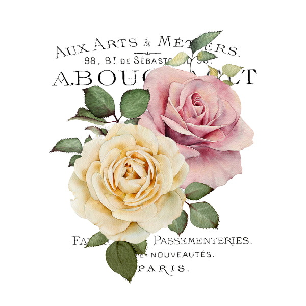 Two roses with green leaves and vintage text on a white background Pink and Cream Roses White Cloud Transfer