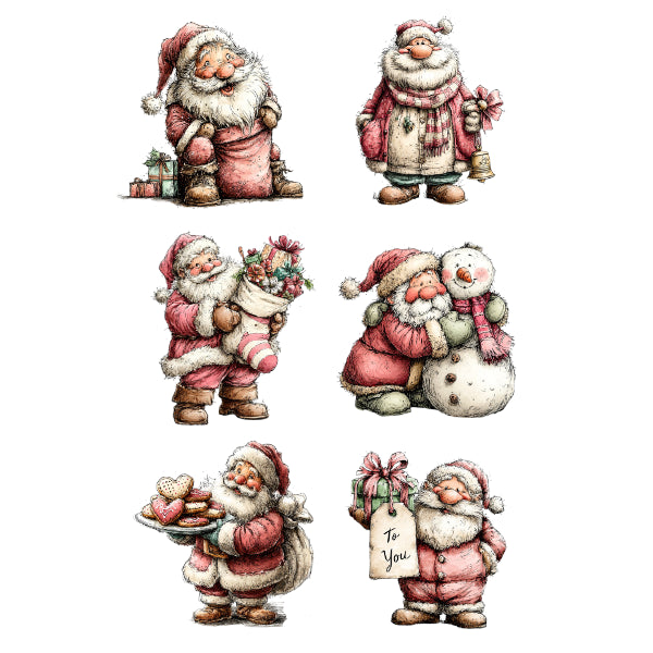 Six vintage-style Santa Claus illustrations arranged on a white background, each shown with different holiday accessories such as a sack, gifts, flowers, a snowman, cookies, and a 'To You' tag. transfer