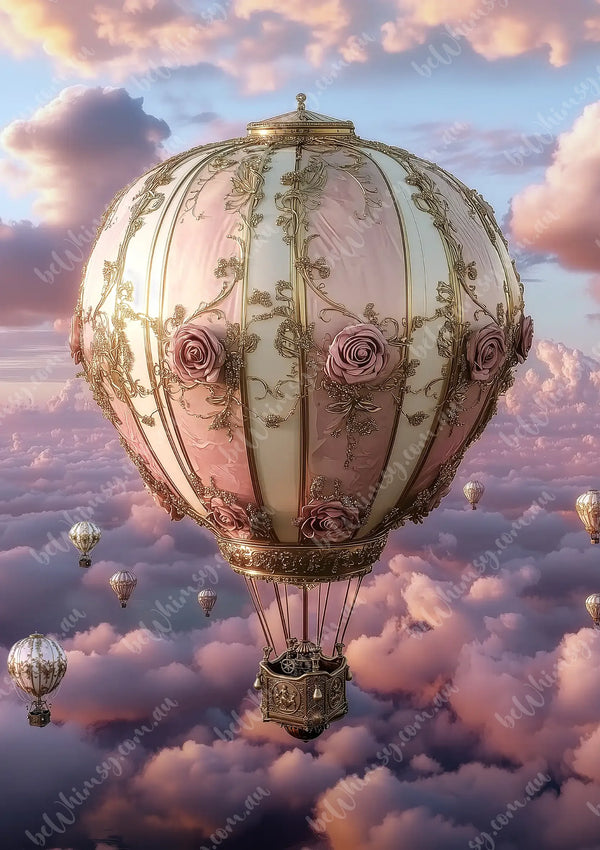 Decorative hot air balloon with floral designs against a cloudy sky. Pink Steampunk Sky Drifter Mulberry Decoupage Paper