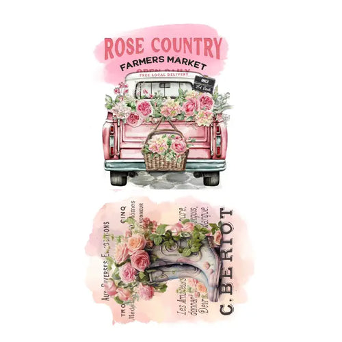 Pink truck with floral decorations and 'Rose Country Farmers Market' text on a white background