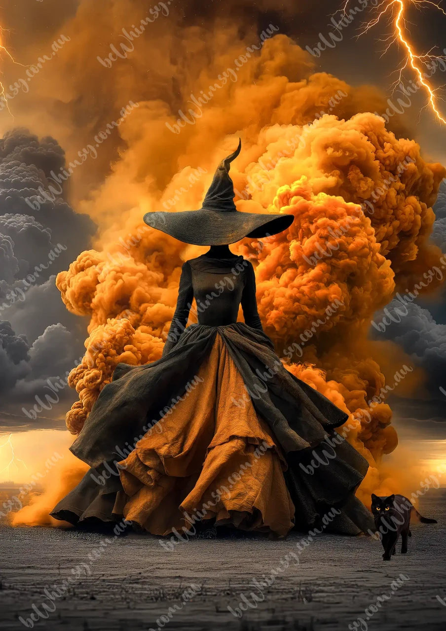 A witch in a wide-brimmed black hat and voluminous black and gold dress stands in a dramatic storm scene with dark clouds, orange smoke, lightning, and a small black cat at her side. Pyra Witch Mulberry Decoupage Paper