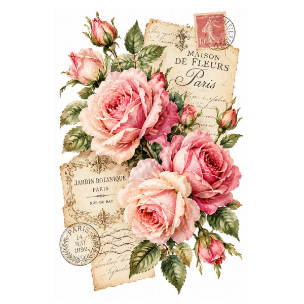 Vintage-style floral artwork featuring pink roses and rosebuds with green leaves, layered over aged paper postcard elements with French text and postage stamps on a white background. Romance in Paris White Cloud Transfer
