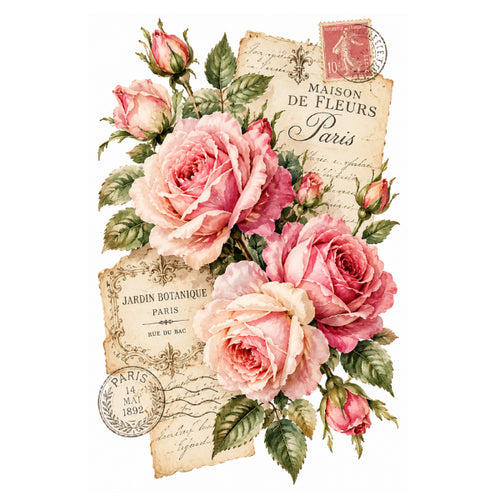 Vintage-style floral artwork featuring pink roses and rosebuds with green leaves, layered over aged paper postcard elements with French text and postage stamps on a white background. Romance in Paris White Cloud Transfer
