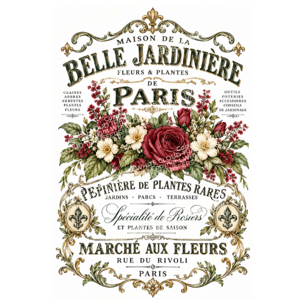 Vintage-style decorative label artwork for 'Maison de la Belle Jardinière de Paris' with ornate French typography, floral illustrations including red roses and white flowers, and green foliage on a white background. Rue Du Rivoli White Cloud Transfer