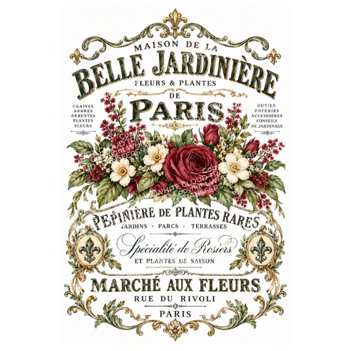 Vintage-style decorative label artwork for 'Maison de la Belle Jardinière de Paris' with ornate French typography, floral illustrations including red roses and white flowers, and green foliage on a white background. Rue Du Rivoli White Cloud Transfer